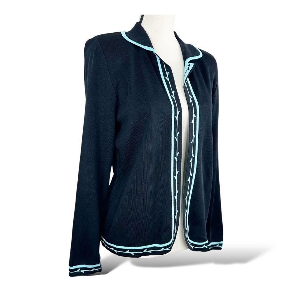 Ming Wang Women’s Black Knit Jacket w/Turquoise Pattern‎ Trim Sz Small